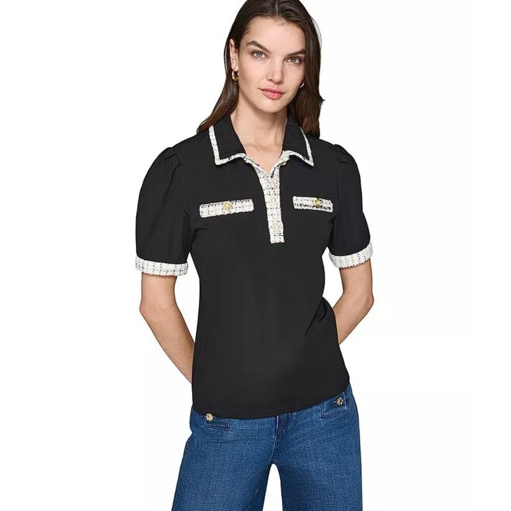 KARL LAGERFELD Women's Tweed-Trim Polo Top Size S In Black